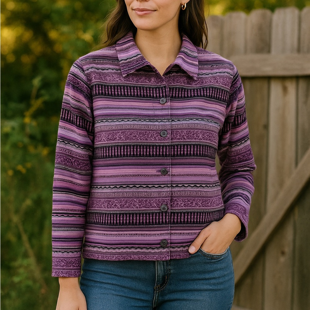 Purple Comet Woven Jacket – Boho Ethnic Stripe Pattern, Lined 8/10 M Retro Boho